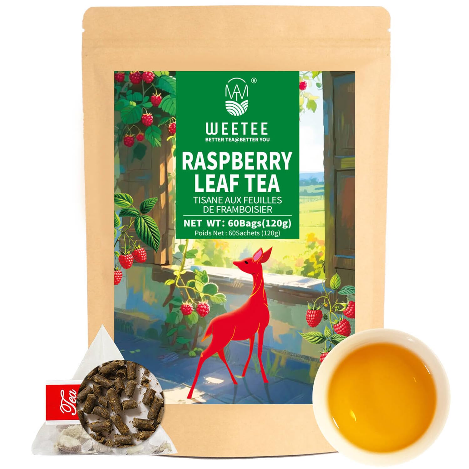 WT WEETEE Red Raspberry Leaf Tea Bags 60 Count, Pure Cut & Sifted Raspberry Leaf, Taste Similar to Green Tea, No Sugar, No Caffeine, Natural Pregnancy Tea - 2