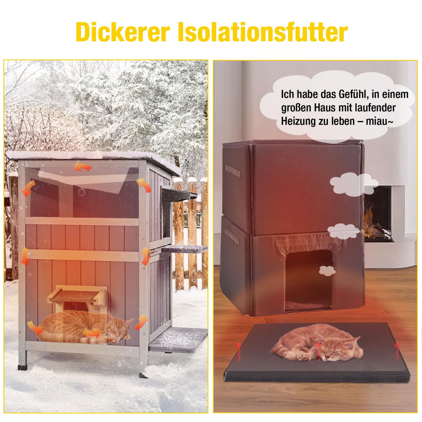 Aivituvin Katzenhaus Outdoor Winterfest aus Holz Isoliert Feral katzenhöhle Wetterfest für Winter Doppelzimmer und wasserdichter Wildkatzen-Schutthaus für den Winter (Grau, L)