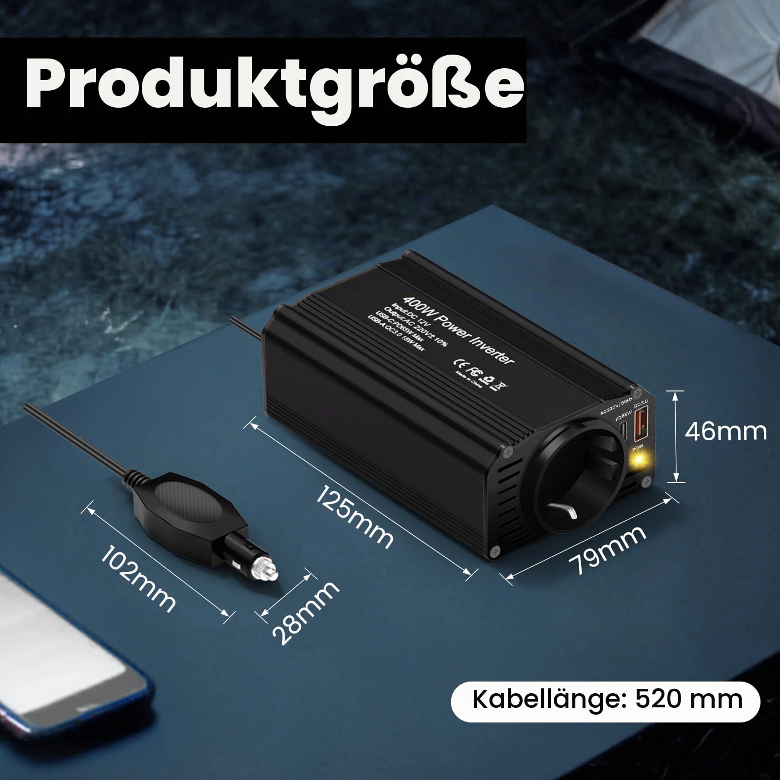 400W Auto Spannungswandler Wechselrichter DC 12 V auf 230 V mit Zigarettenanzünderstecker,1 Steckdosen und PD65W USB-C und USB-A Anschluss für Auto, Laden von Handys, Laptops und Anderen Geräten