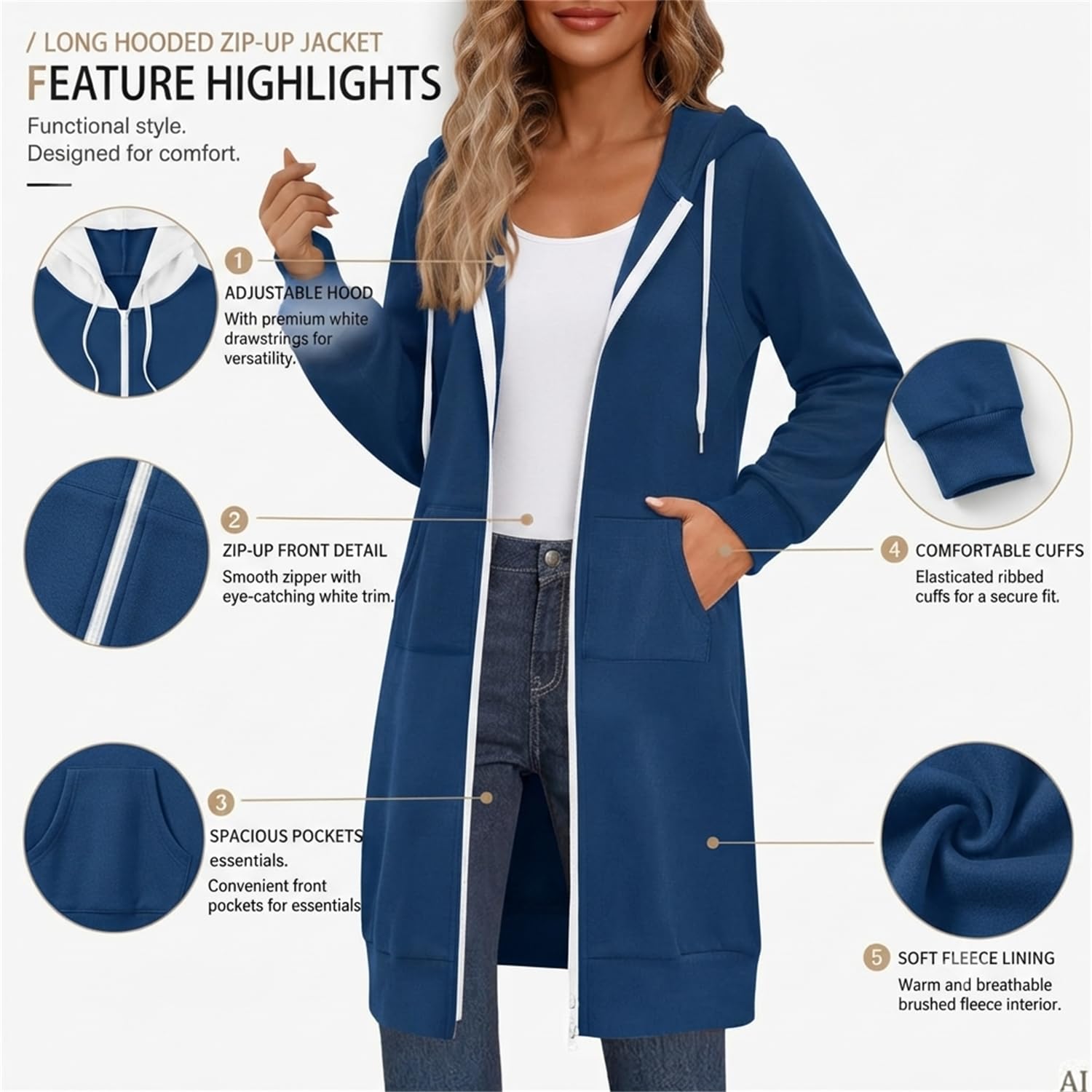 Długie bluzy z kapturem dla kobiet zapinana na zamek polarowa oversize bluza z długim rękawem | Swobodne bluzy z podwójnym zamkiem błyskawicznym, luźny krój z kieszeniami modne jesienne zimowe ubrania Y2k