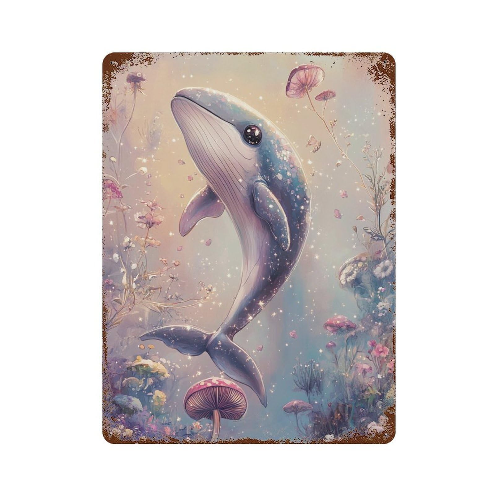 Rust Effect Whale in Fantasy Mushroom Garden-1 Aged Metal Wall Plaque 15.7"x11.8", Old School Wall Decor for Patio, Garden Room And Bar Decor