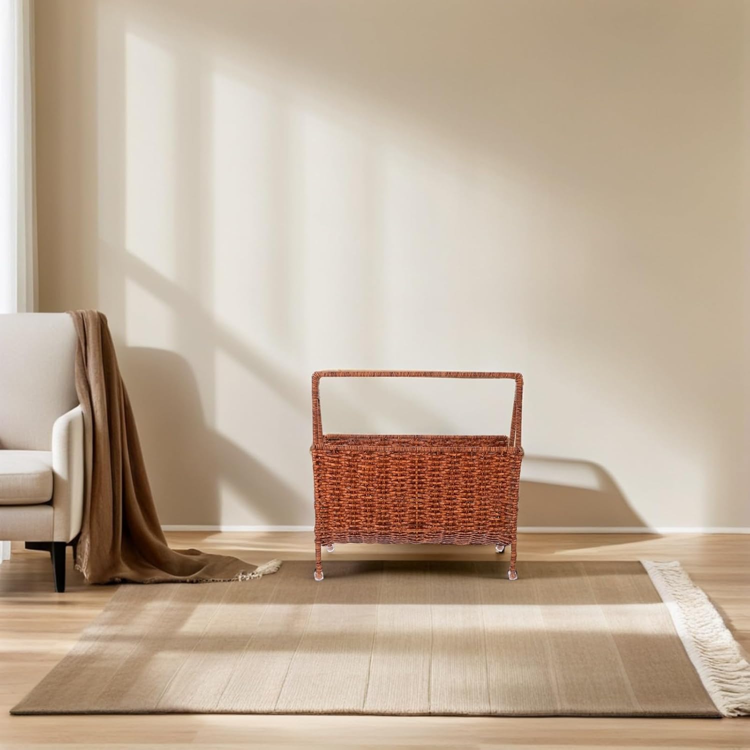 Woven Rattan Magazine Holder Basket Standing Storage Rack Hand-woven Sundries Organizer for Living Room Office Bathroom