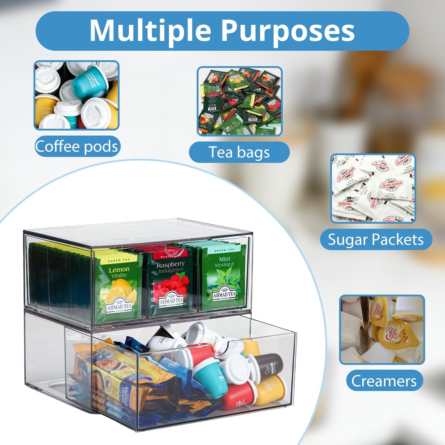 CLUQMEIK 2 Acrylic Tea and Coffee Organizer, 9 Grids Tea Bag Organizer Box and 1 Compartment Coffee Pod Storage Box, Acrylic Drawers Stackable Design Suitable for Storing Pods Creamers Sugar Packets