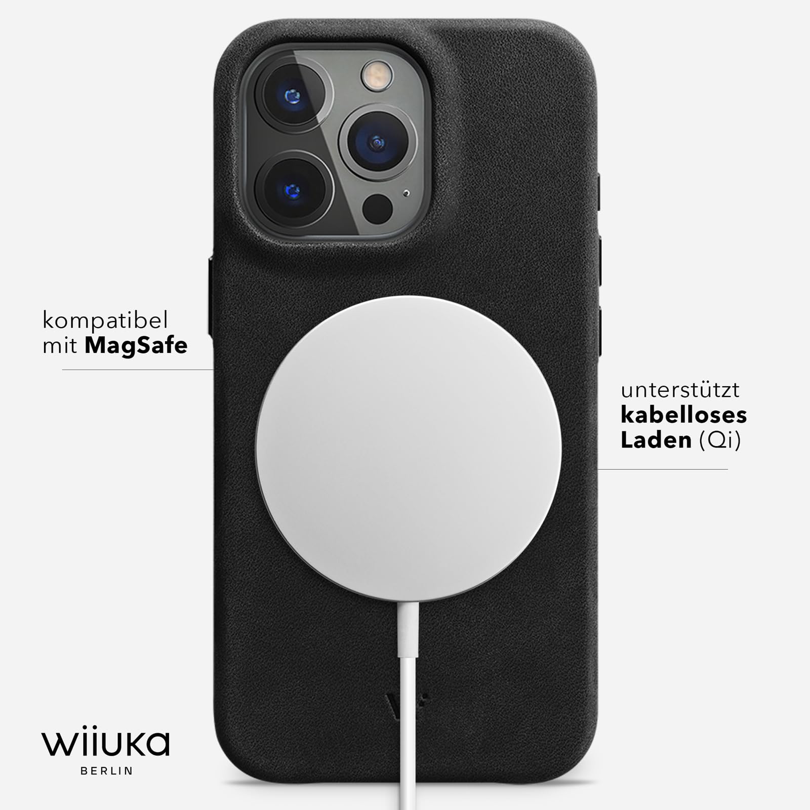 WIIUKA Hülle für iPhone 15 Pro, Leder aus Deutschland, Lederhülle extra Dünn, Premium Handyhülle, Case, Qi, Vintage Schwarz