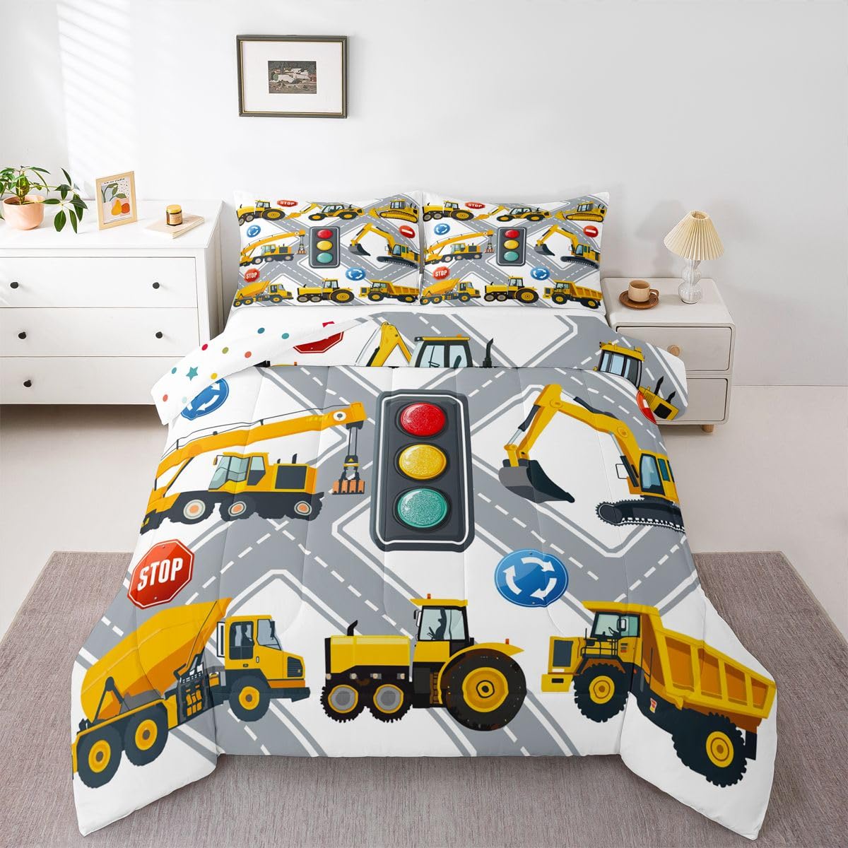 Feelyou Cartoon Construction Excavator Bedding Set for Kids Boys Vehicles Truck Car Comforter Decor Machinery Bulldozer Crane Comforter Set Nursery Duvet Set King Size Bedspreads Coverlet Sets Boys