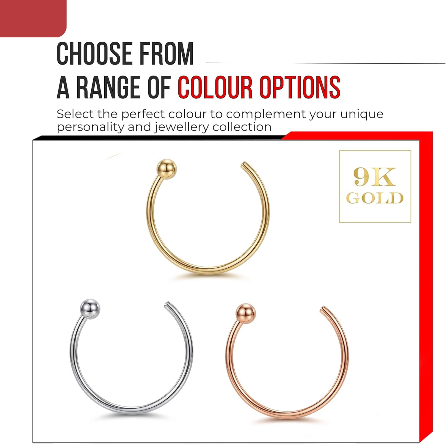 9K Solid Yellow Gold, Rose Gold, White Gold 22 Gauge - 6mm, 8mm, 10mm Diameter Ball End Open Hoop Nose Ring - Cartilage - Daith - Rook - Lobe - Conch Piercing Body Jewelry