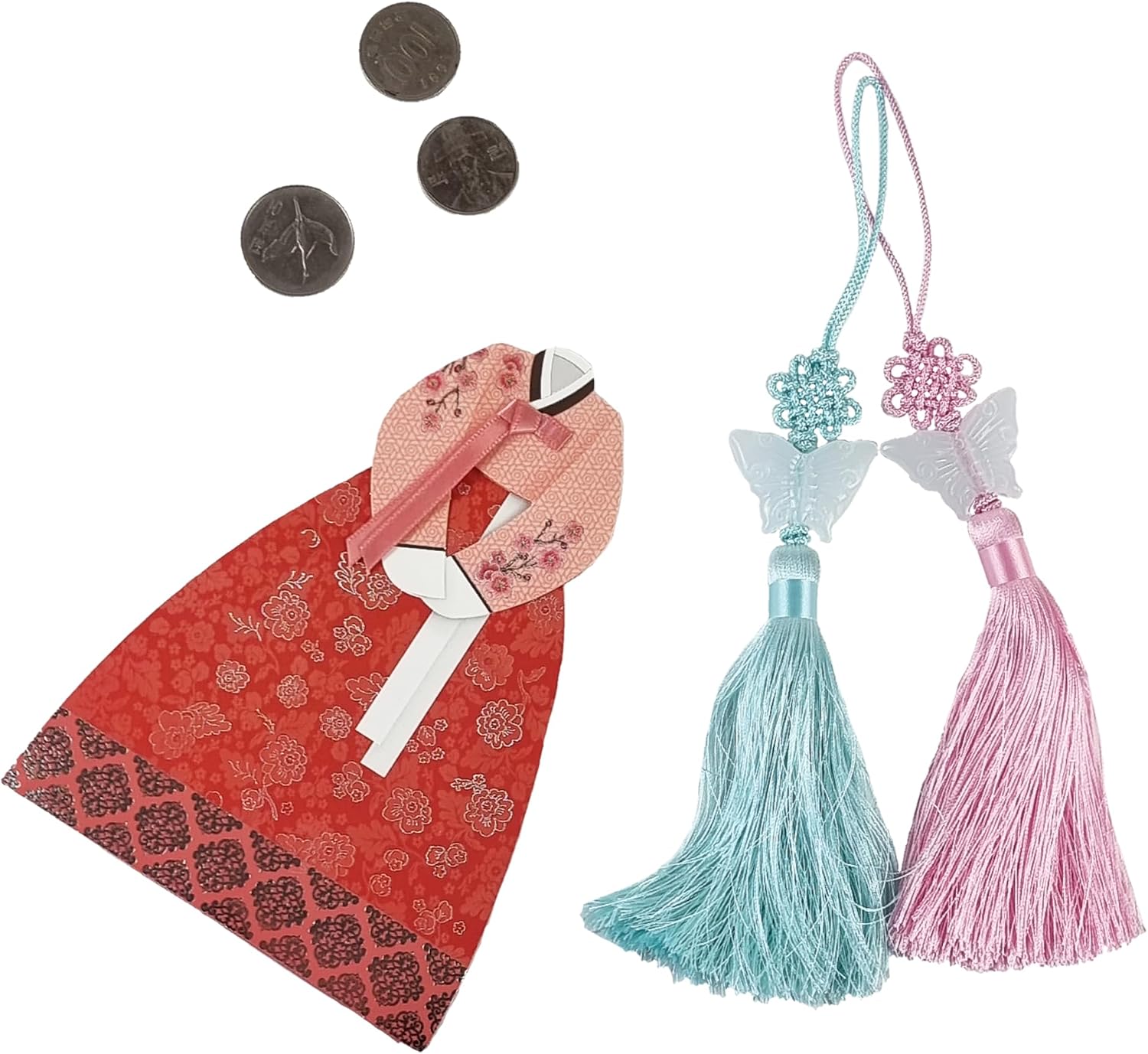 Jade Butterfly Norigae - Korean Traditional Pendant Tassel Charm with Elegant Knot - Hanbok Accessory (Dark Red)