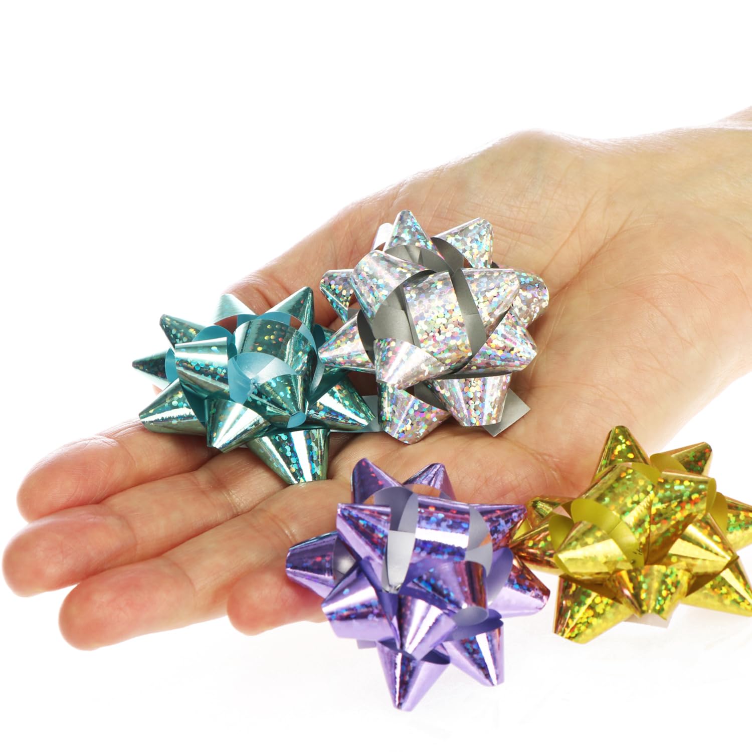 COM-FOUR® 100x Nœuds cadeaux dans de superbes couleurs - nœuds prêts à l'emploi autocollants avec paillettes - décorer (100 pièces - paillettes - 4 couleurs)