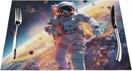 Miniatura 7 de 6 PCS PVC Placemats Set Place Mats Astronaut in Space Non-Slip Weave Place Mats 12" x 18" Farmhouse Table Mat Set for Family Dinners Wedding Parties
