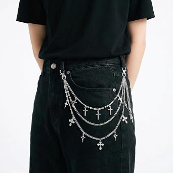 Punk Layered Pants Chain for Women Men, Silver Y2k Belt Loop Pants Chain with Star Cross Tassel for Wallets Jeans