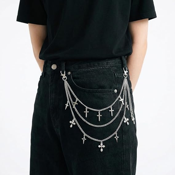 Punk Layered Pants Chain for Women Men, Silver Y2k Belt Loop Pants Chain with Star Cross Tassel for Wallets Jeans