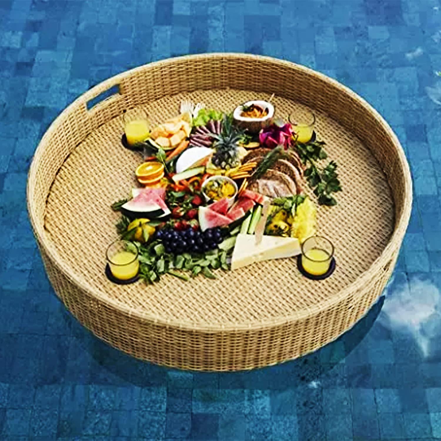 Swimming pool floating bar, 39.4in Rectangle Rattan Floating Tray, Swimming Pool Floats(Apricot,80cm)