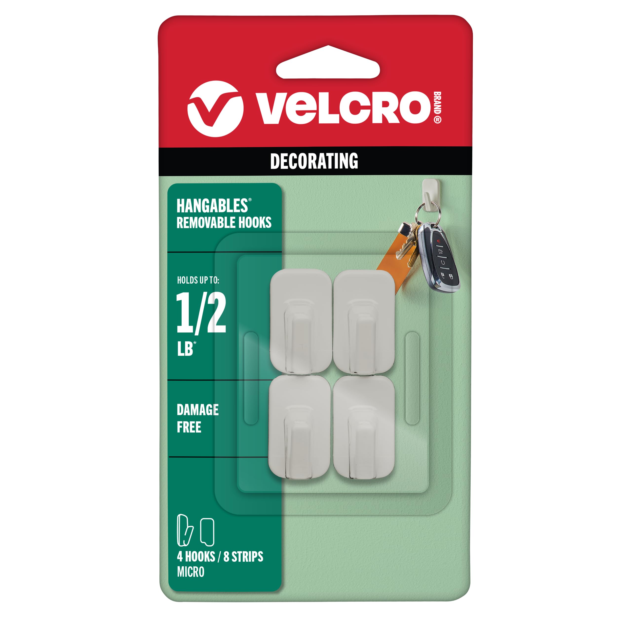 Velcro Brand Gray No Damage Wall Hooks | Hangables Removable Hooks, Holds 1/2 Lb | 4Pk Micro,
