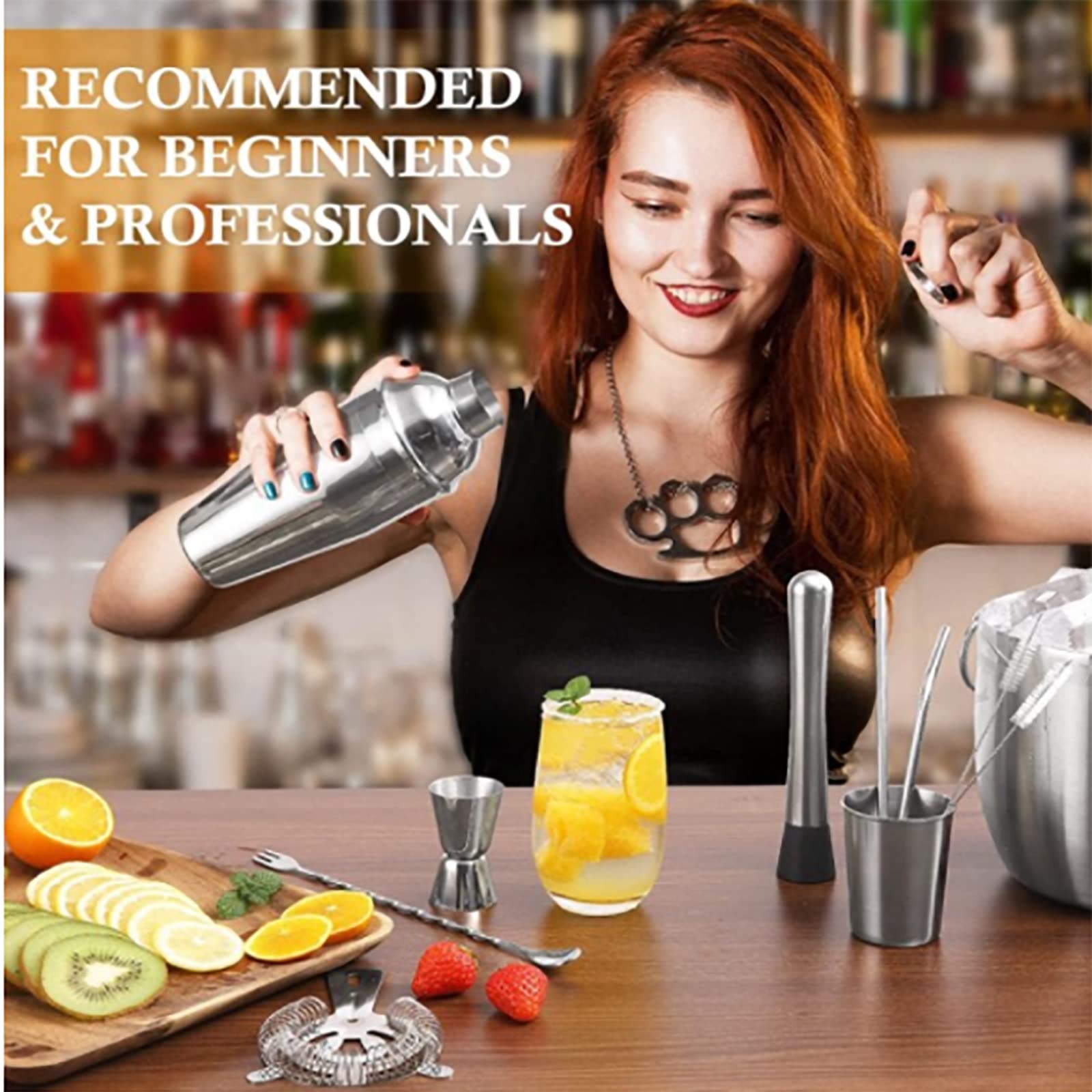 Juego De Coctelera De 16 Piezas, Juego De Herramientas De Barra De Acero Inoxidable Premium De 550 ML, Diseño a Prueba De Fugas De Sello De Boca Redonda, para Fiesta De Bar En Casa