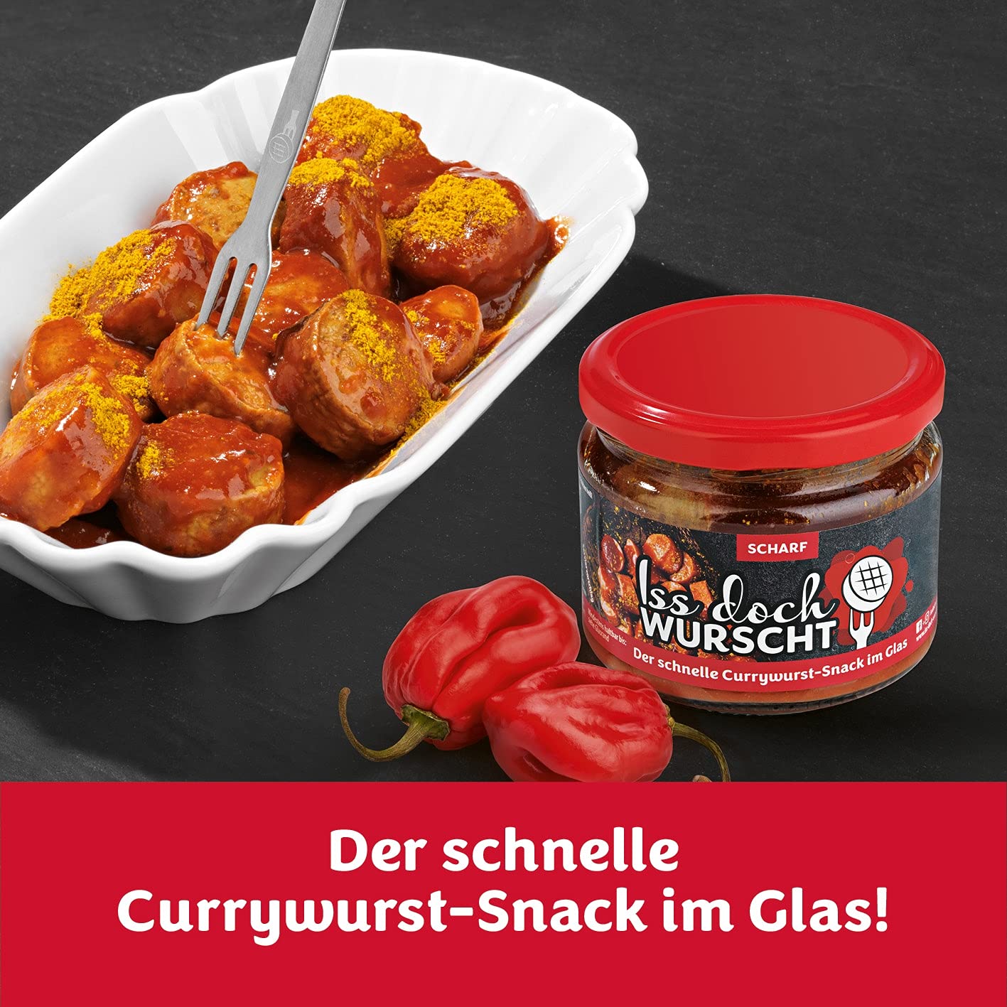 Iss Doch Wurscht Currywurst-Snack Scharf 6er | Einfach kurz erwärmen und genießen | Saftige Rostbratwurst in einer lecker-würzigen Soße | Natürlich konserviert und ungekühlt haltbar [250g]