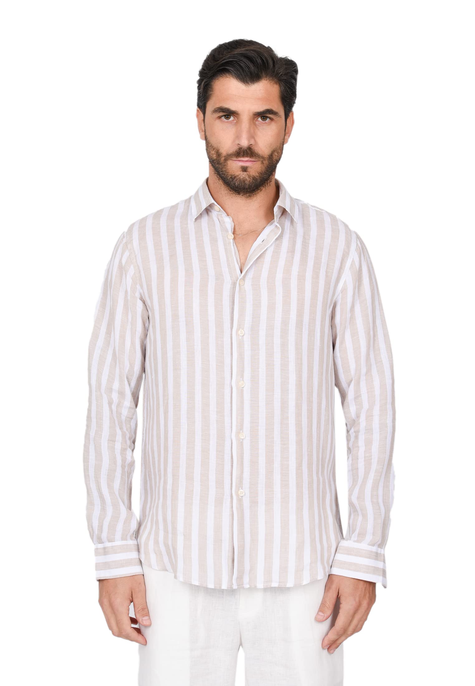 Camisa de hombre elegante 100% lino Camisas de manga larga a rayas Casual Slim Fit