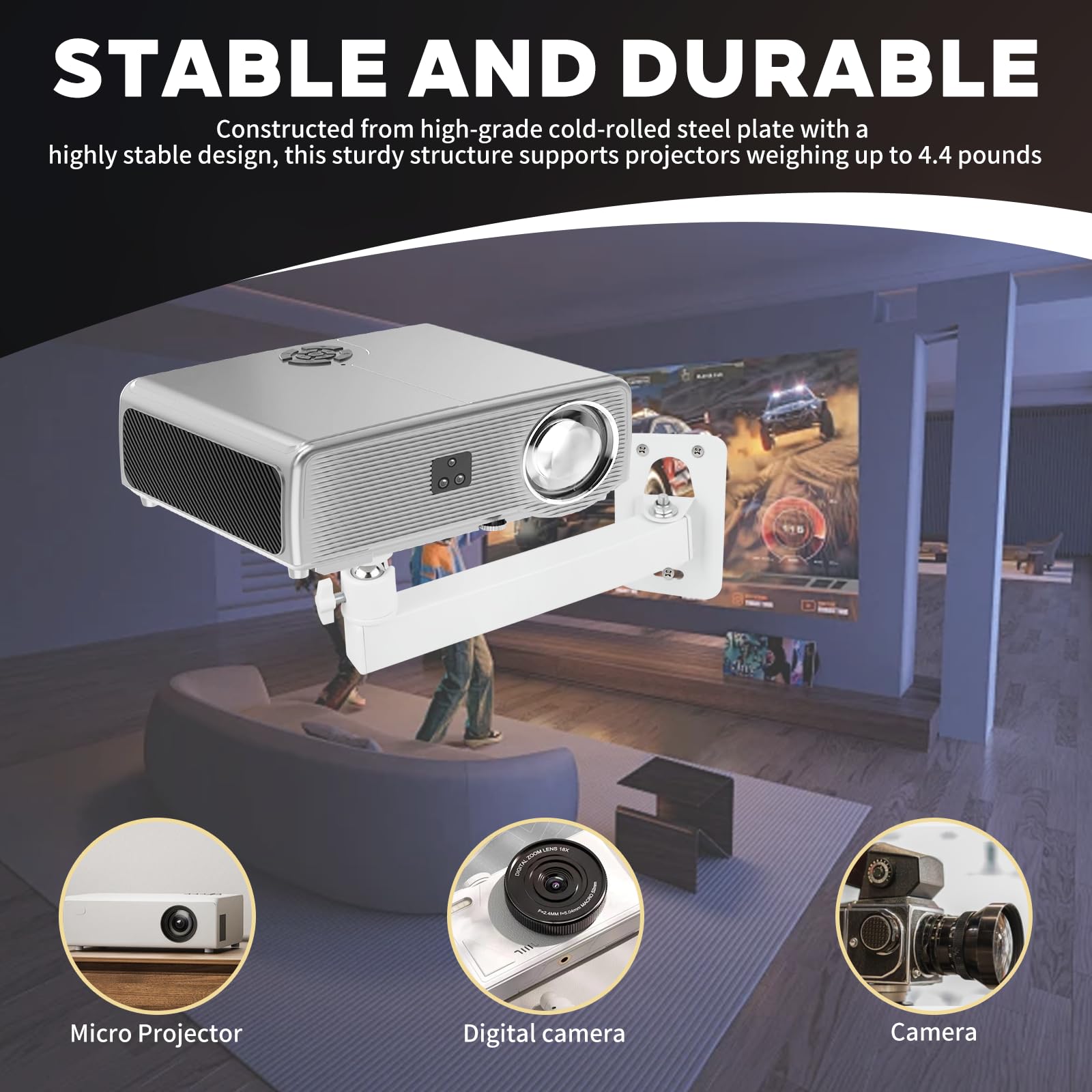 Supporto Per Proiettore A Parete, Supporto Proiettore Regolabile con Rotazione a 360°, Staffa Proiettore in Metallo con Vite da 1/4" per Home Cinema, Ufficio, Sala Giochi, Bianco