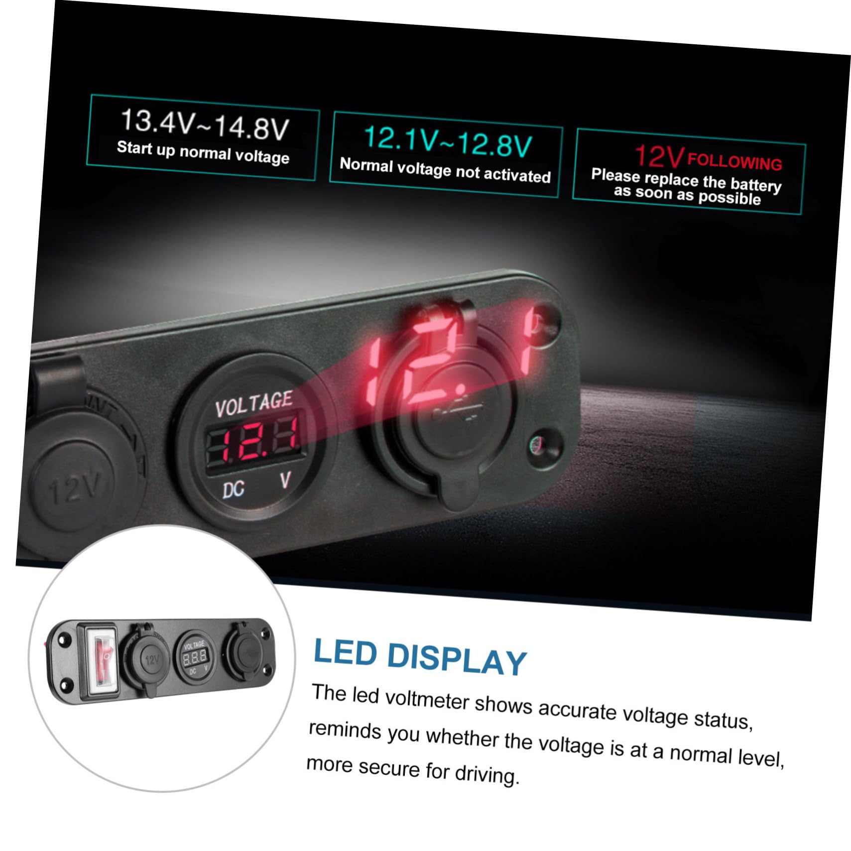Pannello Accendisigari Auto con Interruttore Off Doppia Presa USB Voltmetro Digitale Caricatore per Camper Barca e Camion