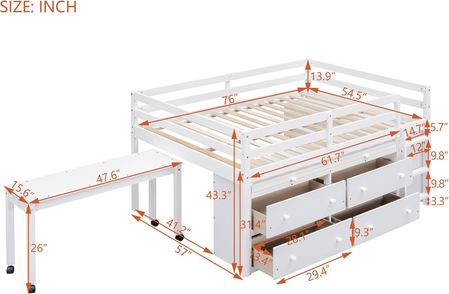 Harper & Bright Designs Low Loft Bed with Retractable Writing Desk and Storage Drawers, Kids Full Size Loft Bed with Shelves for Kids Boys Girls, White