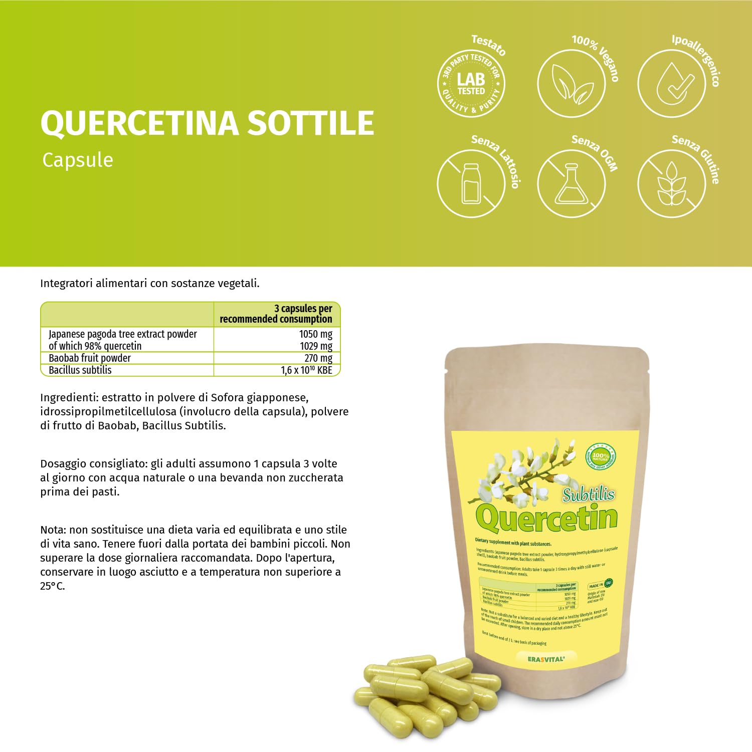 Quercetin Subtilis 270 Kapseln mit wichtigen Begleitern - Baobab-Fruchtpulver und Bacillus Subtilis. Vegan (270 stück (1er Pack))