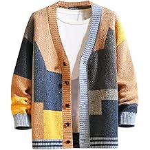 GURUNVANI Mens Colorblock Cardigan Sweater Thick Knit Button Front Vintage | patchwork knit design, relaxed unisex fit, thick textured sweater, button front closure, vintage layering style