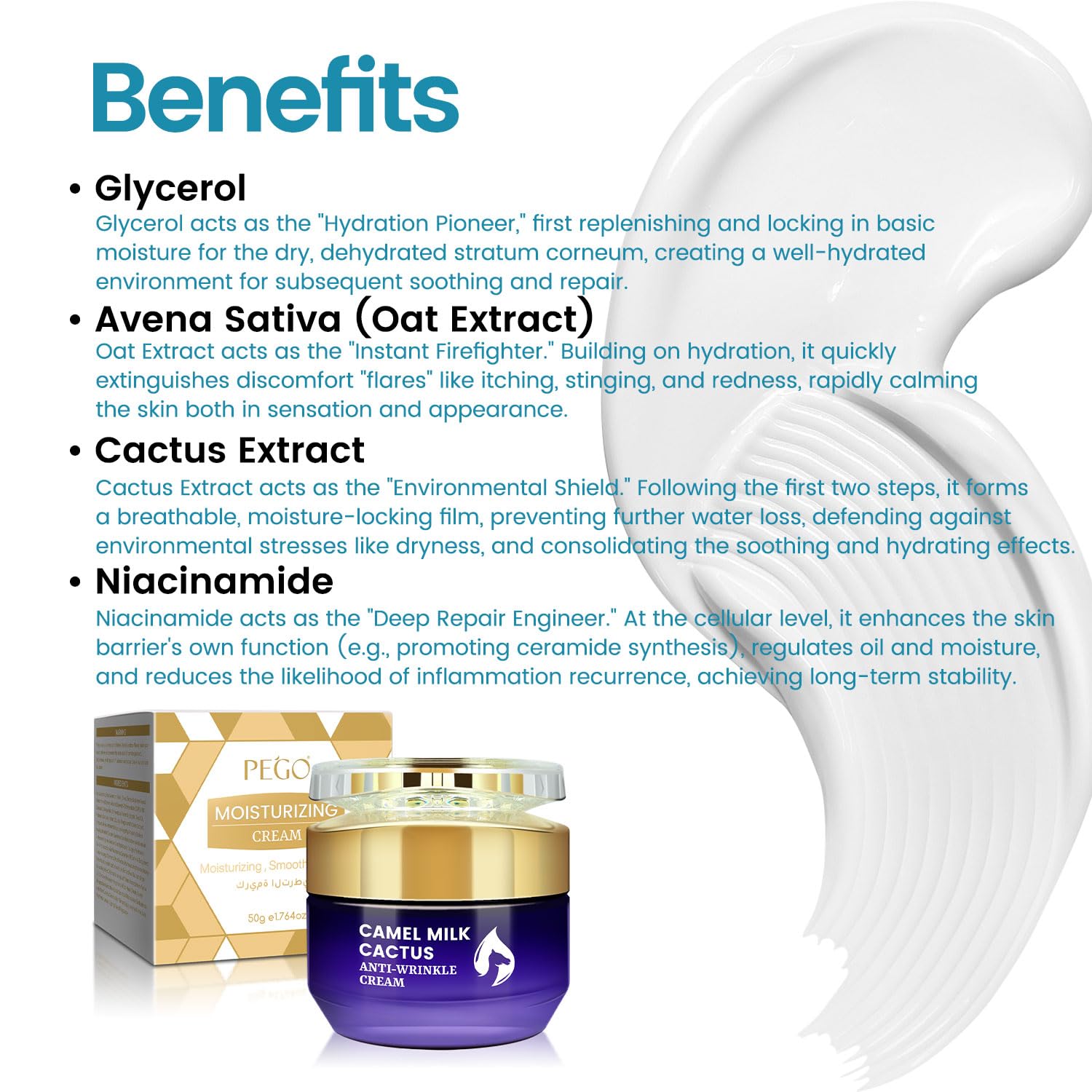 PEGO Camel Milk Cactus Repair Moisturizing Cream, Anti Wrinkle Face Moisturizer for Women, Promotes Collagen Synthesis, Accelerates Cell Turnover, Reduces Wrinkles & Spots, 50g/e1.764oz - Image 2