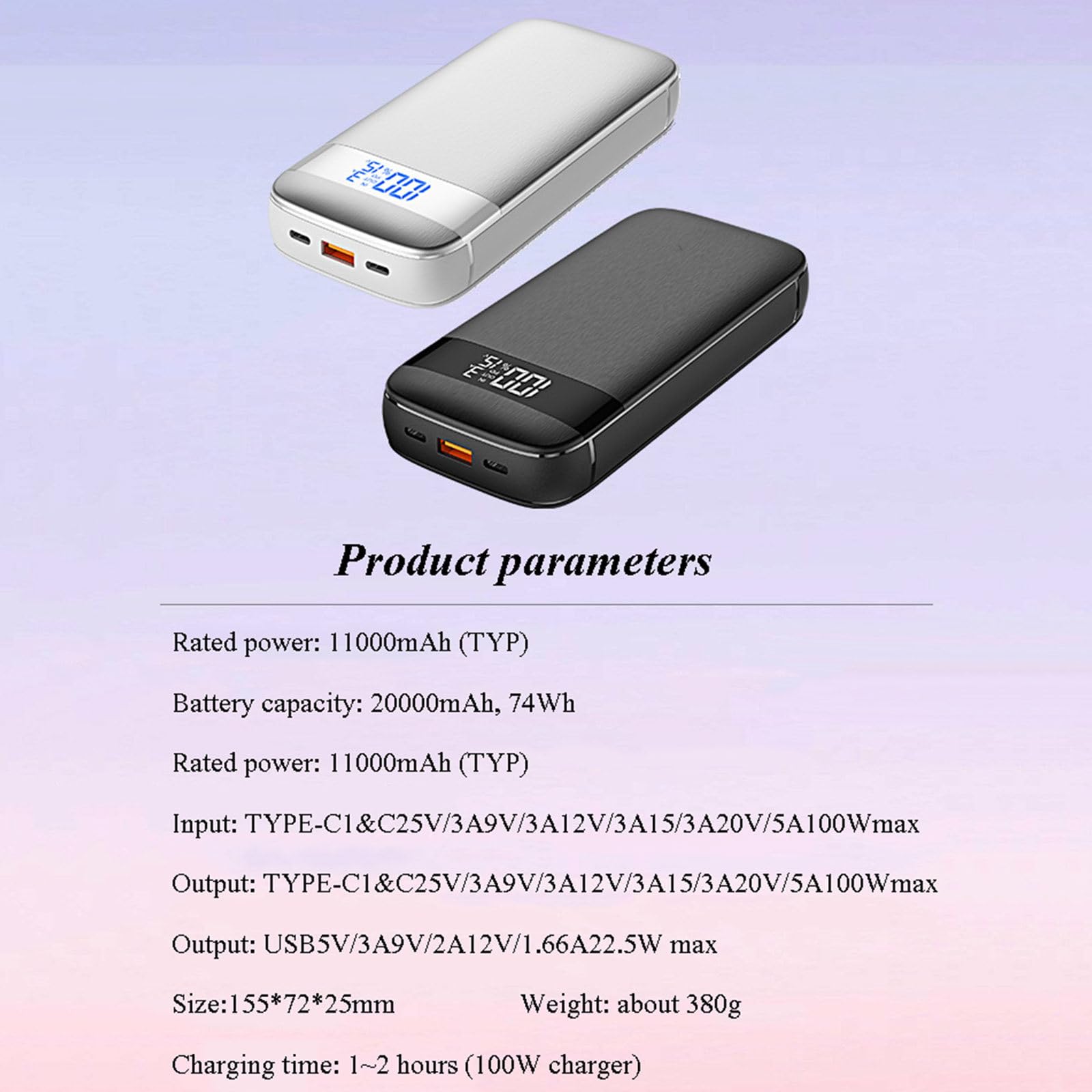 Power Bank a Ricarica Rapida PD100W 20000 mAh Portatile di Grande capacità Adatto per caricare Laptop, telefoni cellulari e Tablet,Black
