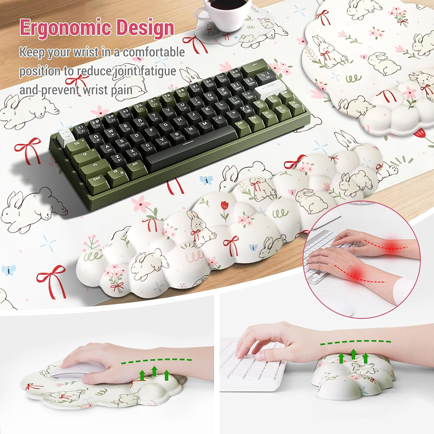 Conmputer Desk Mat Set, 4 in 1 Cloud-Shaped Ergonomic Wrist Rest Set, Mouse Pad with Non-Slip Base, Memory Foam Silicone Lining Keyboard Wrist Rest, Computers, Offices, Gaming, Cute White Bunny