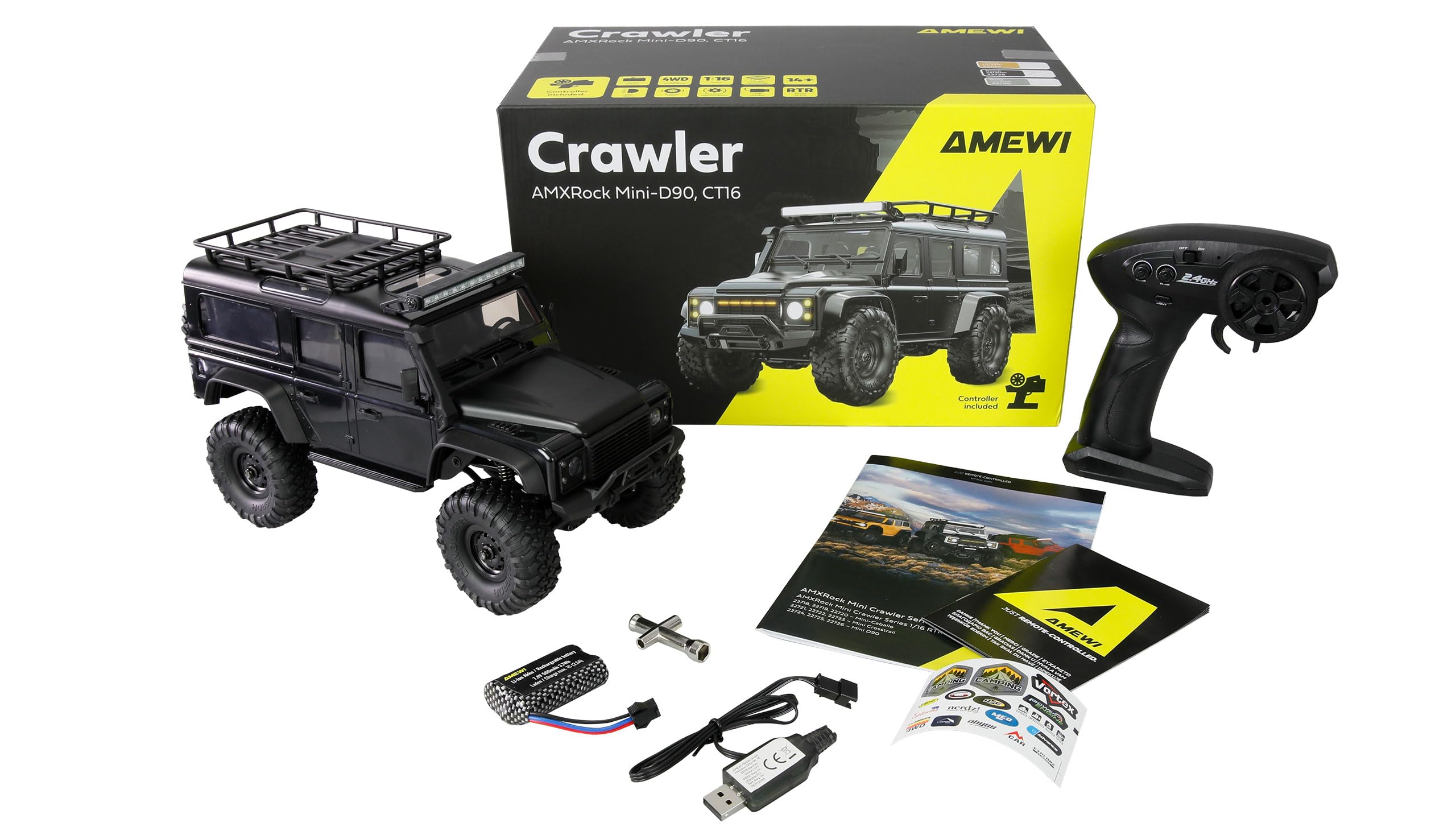 Amewi AMXRock Mini D90 Scale Crawler 4WD 1:16 RTR - Mando a Distancia, batería y Cable de Carga, Color Negro