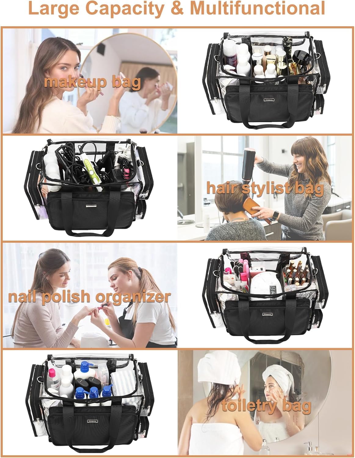 Relavel Bolsa de maquillaje transparente XXL - Juego de cosméticos profesional para viscosos y barberos, organizador de belleza de viaje con compartimentos ajustables, bolsa de lona transparente para