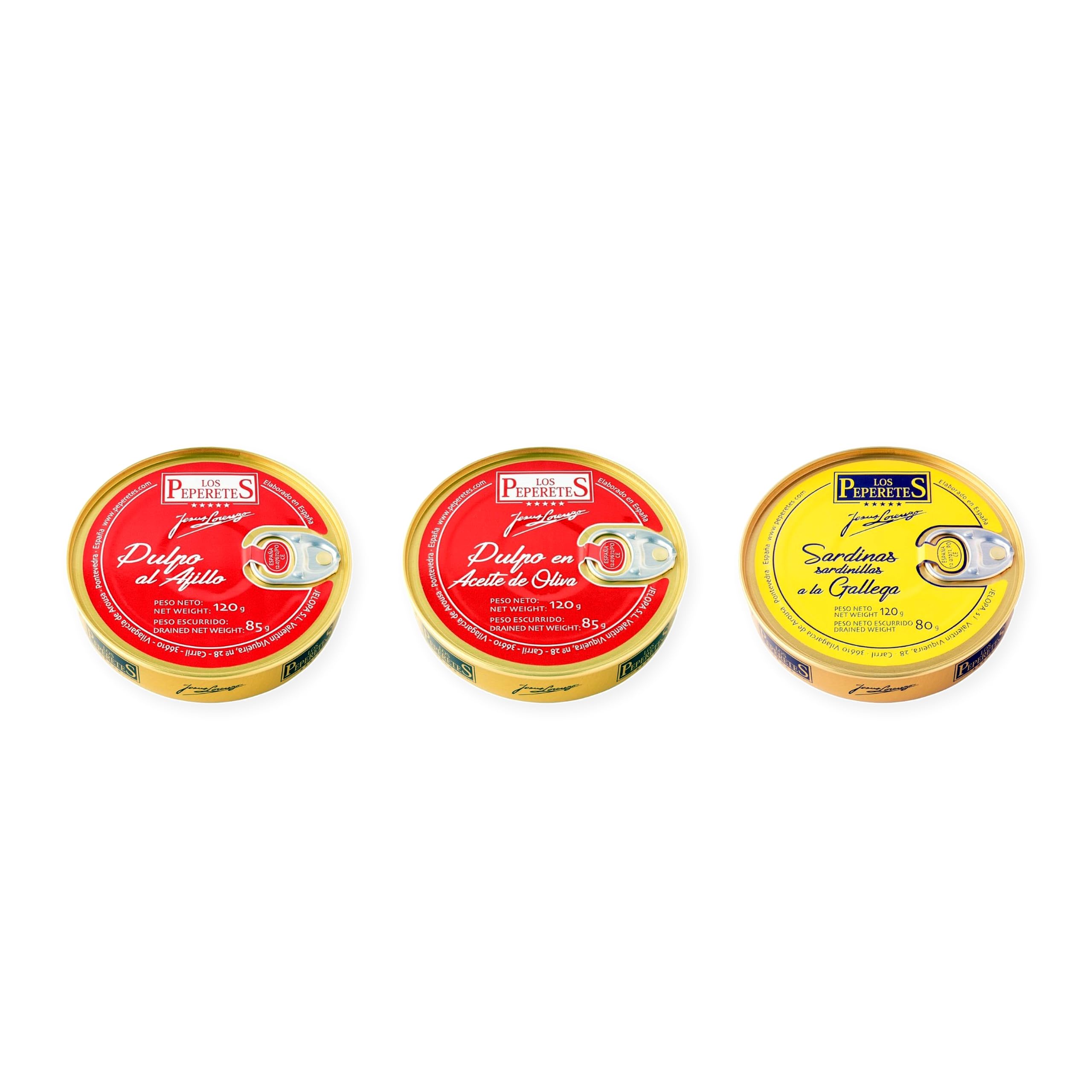 los peperetes conservas Pulpo Ajillo, Pulpo Aceite Oliva y Sardinillas Gallega pack 3 latas
