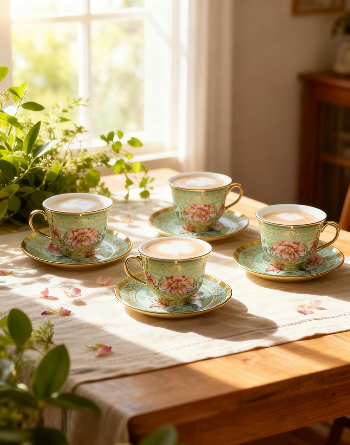 6 Sets 3 OZ Porcelain Bucket Coffee Cup and Saucers, Juice Cup & Saucer Pot with Gift Box, Uniform Creamer Milk Pull Flower Frothing Pitchers Ceramic Ware with Handle - Green