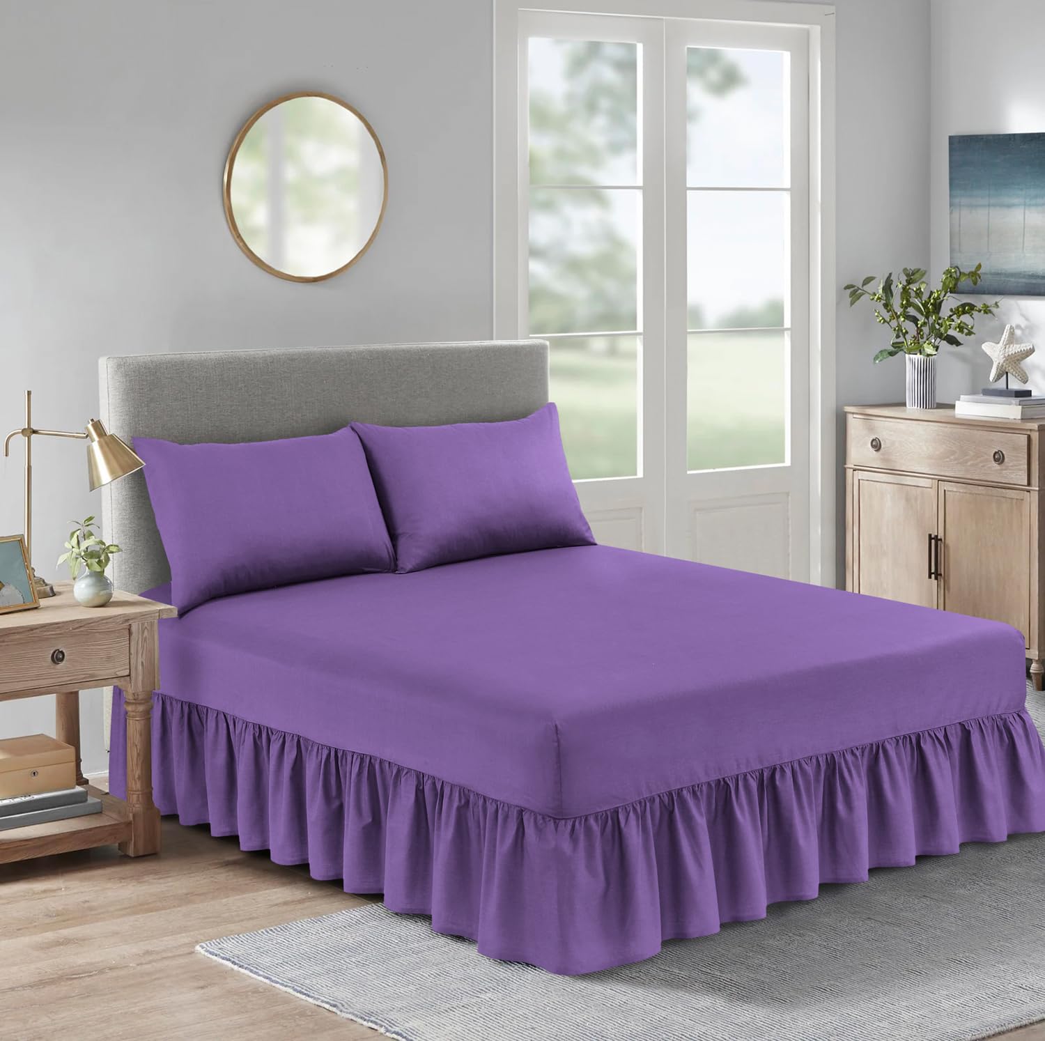 BOSKI LONDON Polycotton Valance Sheet | Deep Fitted Valance Bed Skirt with Pleated Design | Soft Breathable Non-Iron Valance Fitted Sheet Single Double King (PURPLE, KING(203 X 152 cm))