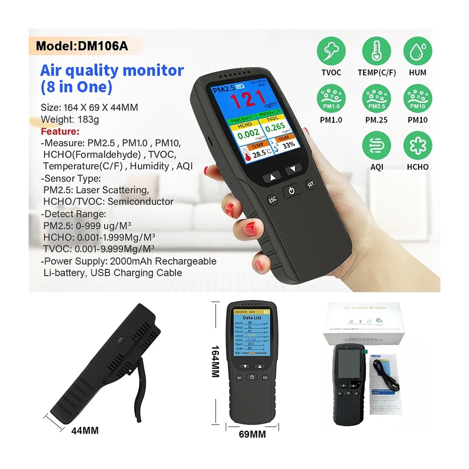 Detector portátil de PM2.5 for interiores, termohigrómetro multifuncional, detector de aire digital LCD for el hogar, analizador intelinte de calidad del aire Alta sensibilidad, respuesta rápida