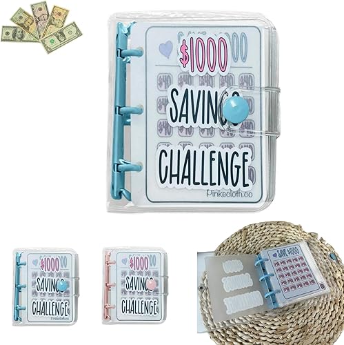 Carpeta de desafío de ahorro 1000 mini, libro de desafíos de ahorro mensual con sobres, carpeta de presupuesto con sobres para efectivo, color azul