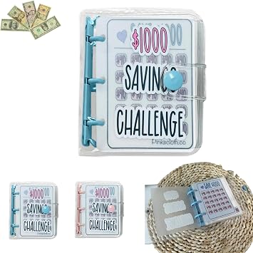1000 Mini Binder Savings Challenge Binder,Monthly Money Savings Challenges Book with Envelopes,Budget Binder with Cash Envelopes, Blue