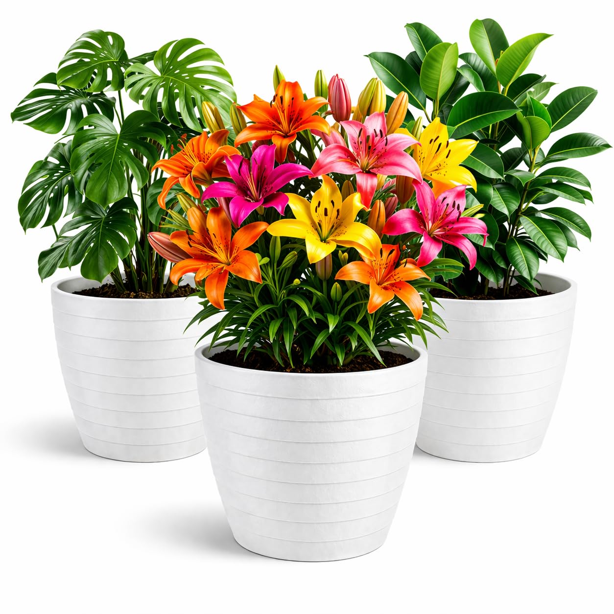 Maceteros Decorativos Interior y Maceteros Grandes Exterior - 3X Macetas Grandes Blanco Elegante (30 cm) Macetas Plastico con Drenaje - Tiestos para Plantas, Jardín, Terraza y Balcón