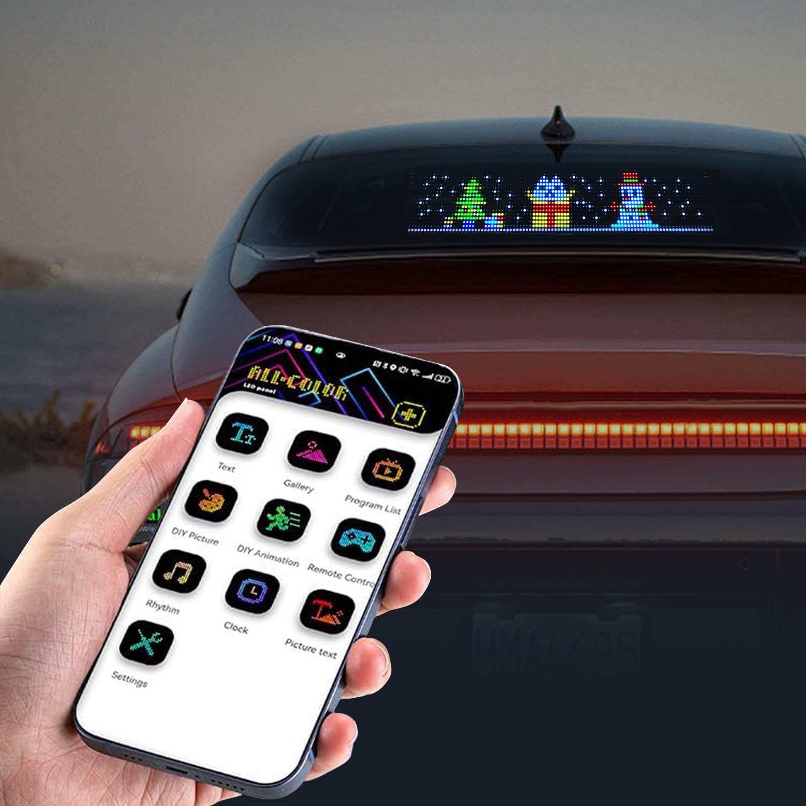 Occhi LED per camion e auto (12 * 59,5 cm), Devil Eyes Light per auto, lampada occhio diabolico colorata con schermo morbido per finestrino dell'auto, display flessibile programmabile per auto con