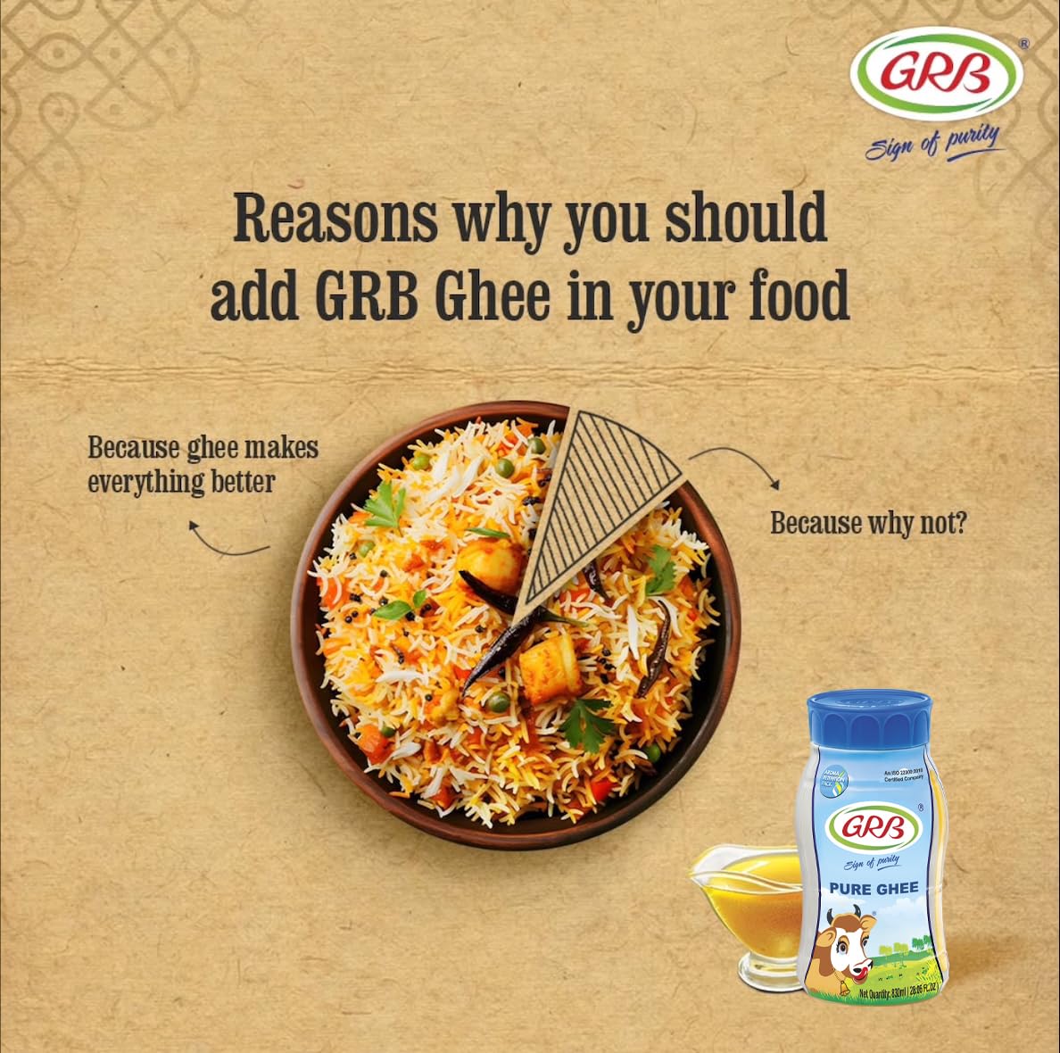 GRB Cow Ghee - Pure Desi Ghee Clarified Butter from 100% Cow’s Milk, Traditional Granular Texture & Rich Natural Aroma, Everyday Cooking Ghee, Made in India, 830ml
