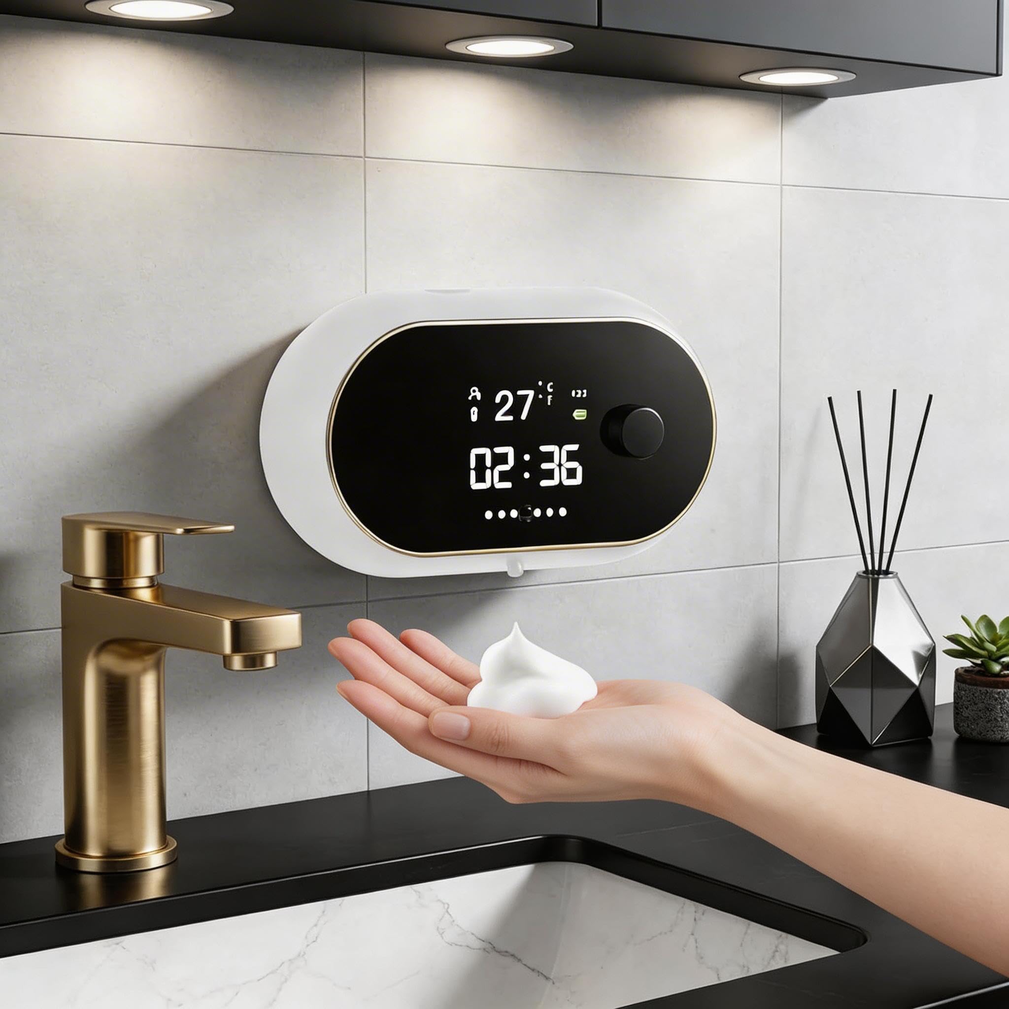 Dispensador automático de jabón montado en la pared, dispensador de sensor inteligente con pantalla | USB recargable IPX5 impermeable 3 niveles de volumen de espuma de ajuste 450 ml para cocina y baño