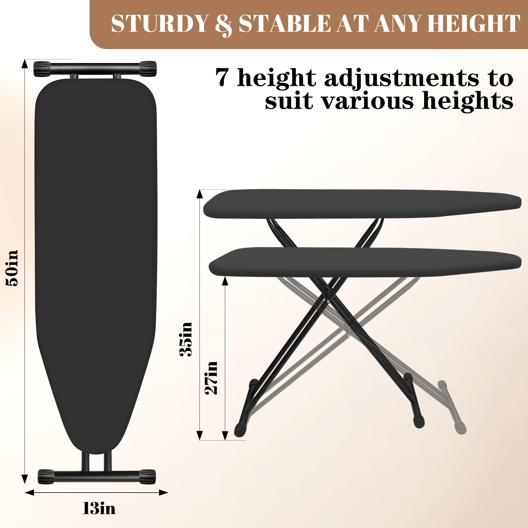 RIZTAIK Ironing Board, Compact and Space Saver,Size 13 x 43, Metal Construction Ironing Board with Extra Thick Heavy Duty Padded, Stable Structure,Skid Feet, Heavy Duty Steel Legs,Black