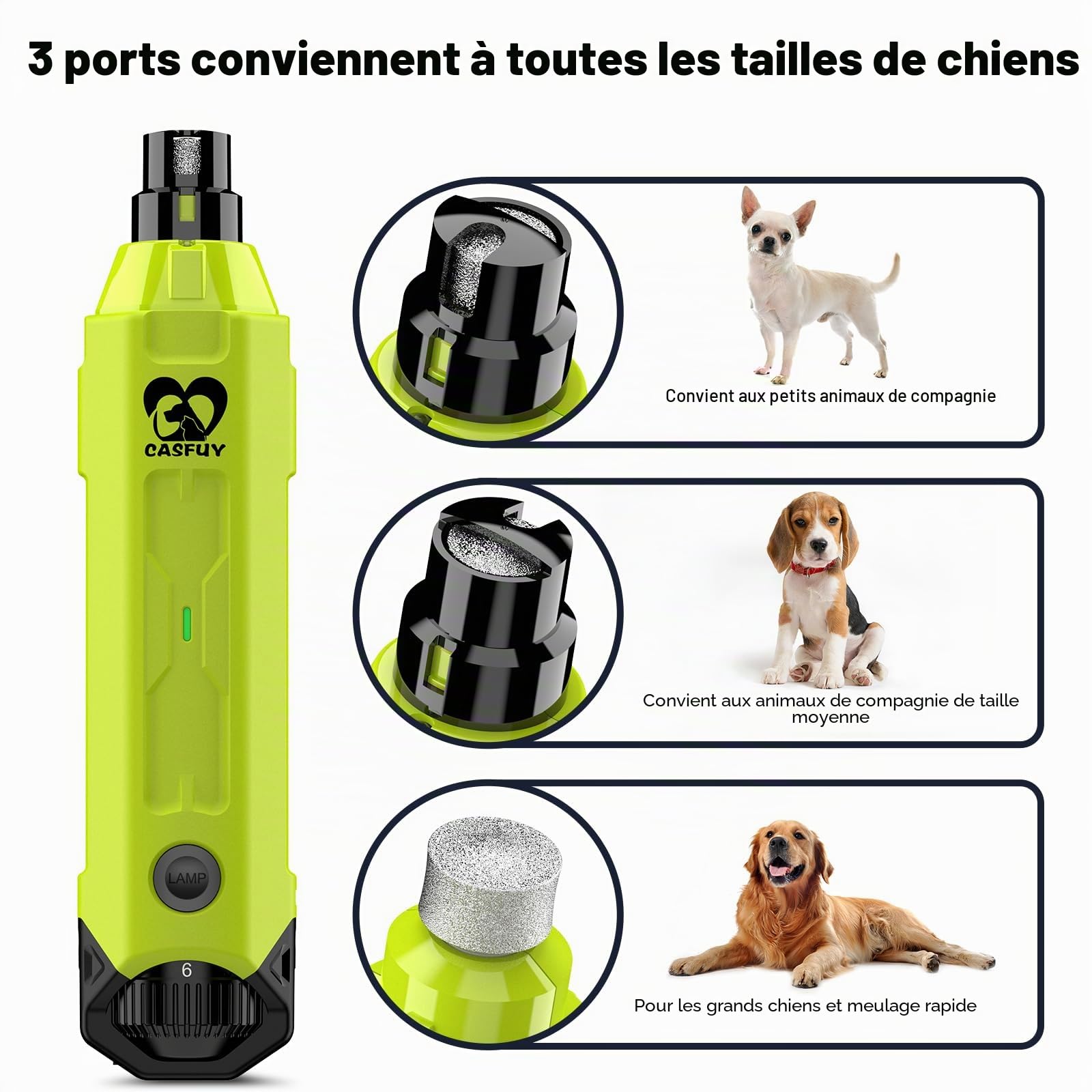 Casfuy Ponceuse à Griffes pour Chiens à 6 Vitesses, Super silencieuse, Rechargeable, électrique pour Chiens de Grande, Moyenne et Petite Taille
