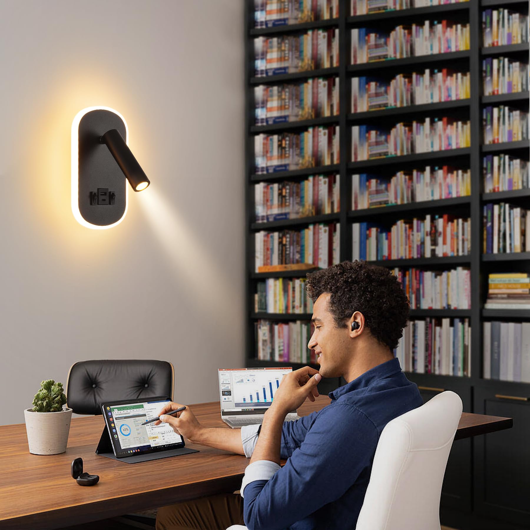 LED Liseuse de chevet,Applique Murale avec interrupteur,USB + TYPE C port de charge Luminaire Murale,3W 3000K + 9W 6000K éclairage d'ambiance de chambre à coucher,Spot réglable Lampe de Lecture Noir