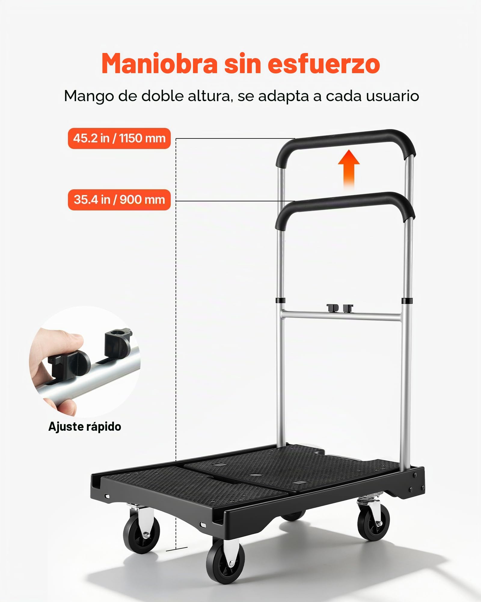 VEVOR Carro Plataforma Plegable 495 x 680 mm, Carretilla de Transporte Carga de 149,7 kg, Carrito Portaequipajes con Plataforma con Ruedas Giratorias, Asa Ajustable para Tareas Domésticas, Almacén