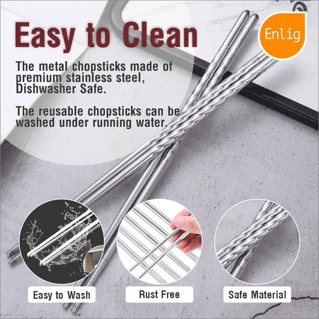ENLIG 5 Pairs Reusable Stainless Steel Chopsticks | Lightweight, Non-Slip, Durable Korean Chopsticks | Dishwasher Safe 3