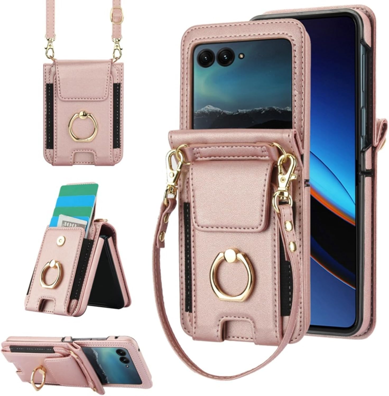 Case for Motorola Razr 60 Ultra, Lanyard Leather Case with Built-in Finger Ring Holder and Card Slot (for Razr 60 Ultra,Rose Gold)
