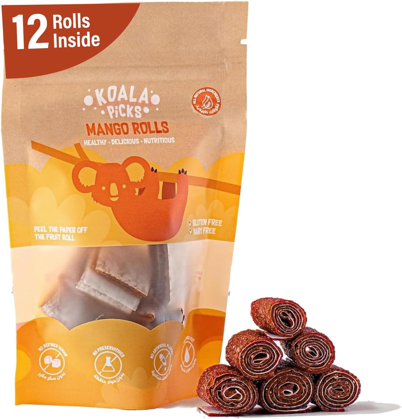 Koala Picks Fruit Rolls 66g - 12pcs Mango Rolls, Free from Artificial Flavor, Preservatives, Transfat, Gluten, Dairy & Refined Sugar, Healthy Snack for Kids & Adults