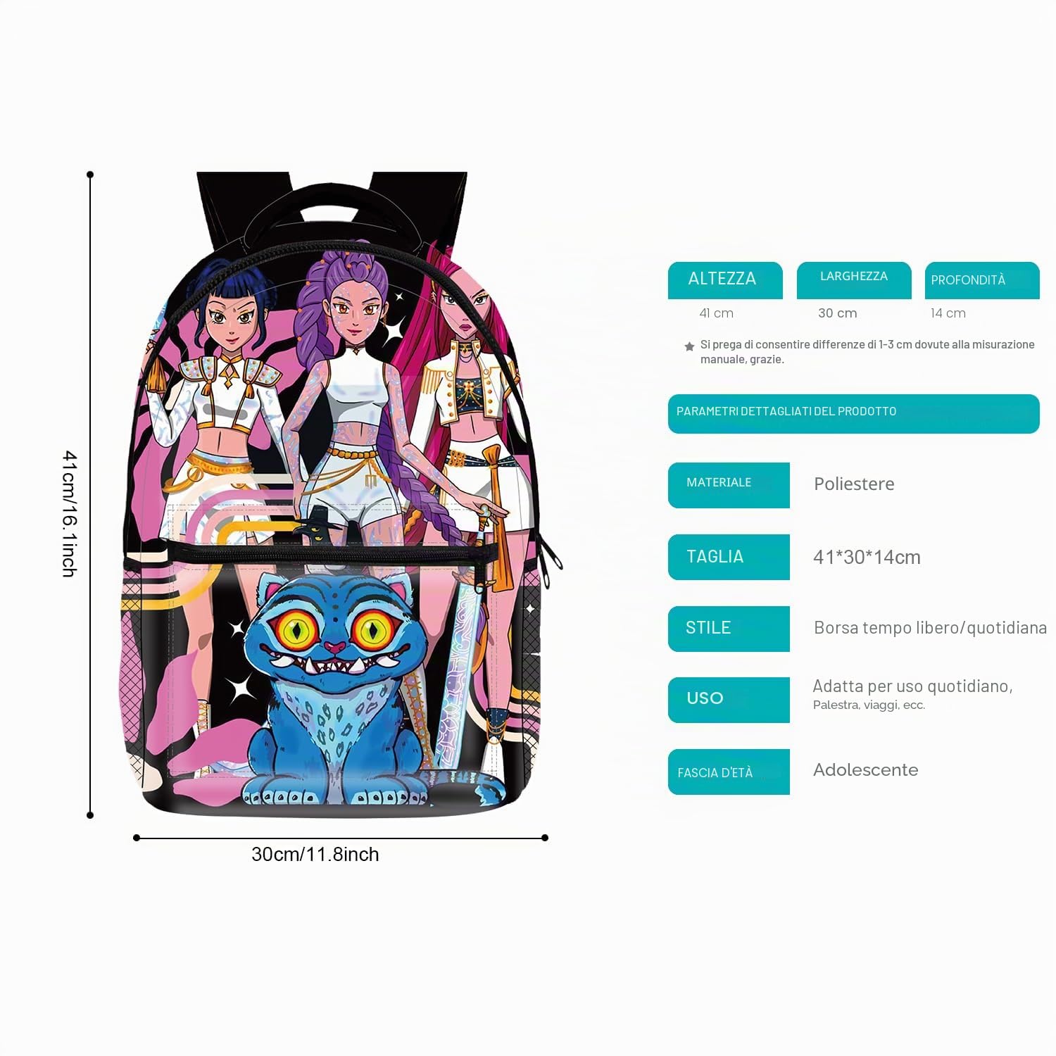 Demon Hunters - Zaino per la scuola per bambini, con stampa 3D, 41 x 30 x 14 cm (16"), stile carino, per adolescenti e bambini, per la scuola dei bambini, Nero , Mittelgroße