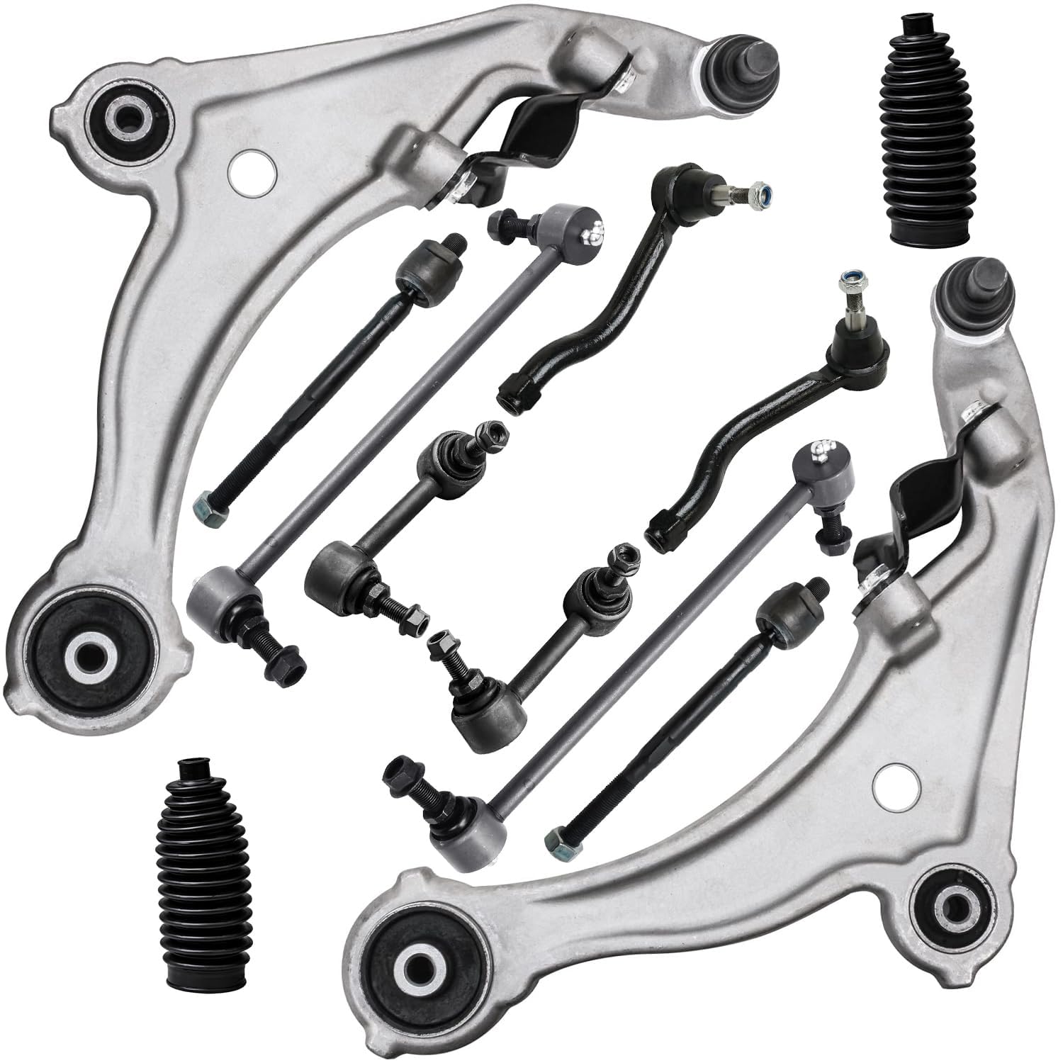 Detroit Axle - Front End 12pc Suspension Kit for 2009-2014 Nissan Maxima 2010 2011 2012 2013, 2 Lower Control Arm w/Ball Joints, 4 Inner &amp; Outer Tie Rods, 4 Front Rear Sway Bars, 2 Boots Replacement