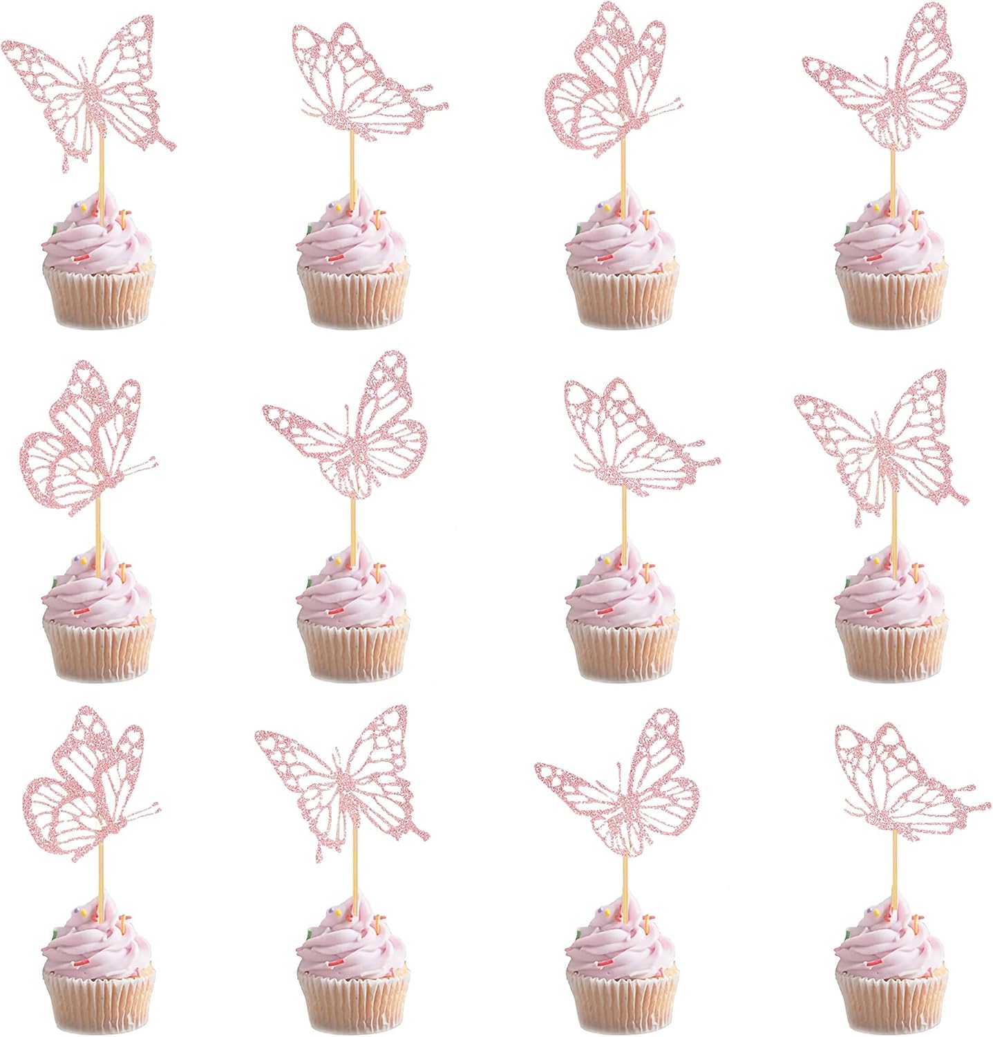 12-Pack Pink Glitter Butterfly Cupcake Toppers - 4 Designs for Girls Birthday, Baby Shower, Fairy Garden, Spring Party Decorations
